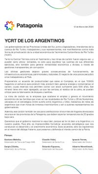 Los Gobernadores de la Patagonia respaldan la defensa de Vidal a YCRT