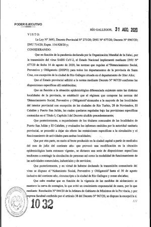 Nuevo decreto: ASPO para Río Gallegos y DISPO para el resto de las localidades