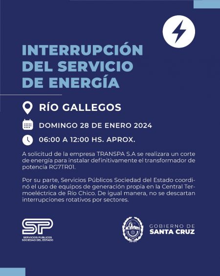 Por trabajos en el Interconectado: Interrupción programada de energía eléctrica en Río Gallegos