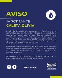 Comunicado oficial: Suministro de agua en Caleta Olivia