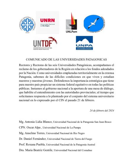 Fuerte respaldo de las Universidades de la Patagonia al reclamo de los gobernadores de la región