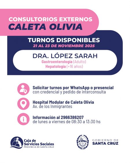 Gastroenterología y Hepatología: turnos disponibles en los consultorios externos de Caleta Olivia