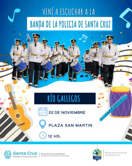“Vení a escuchar a la Banda de Música de la Policía” en la Plaza San Martín de Río Gallegos