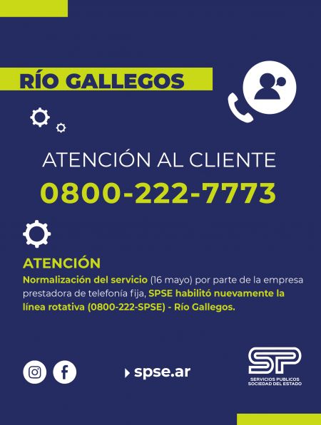 SPSE informa el restablecimiento del servicio telefónico en Río Gallegos