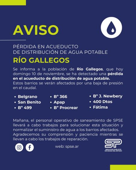 Río Gallegos: Se registra pérdida en el acueducto de distribución de agua potable que afecta varios barrios