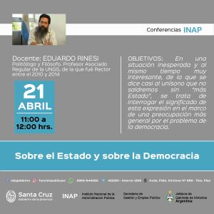 Mañana se concretará la videoconferencia &quot;Sobre el Estado y sobre la Democracia&quot;