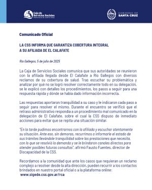 La Caja de Servicios Sociales garantiza cobertura integral a afiliada de El Calafate