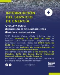 Caleta Olivia: Interrupción programada del servicio eléctrico por tareas de mantenimiento