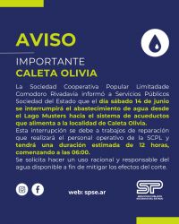 Atención Caleta Olivia: Servicios Públicos informa interrupción del servicio de agua