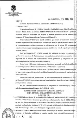 Autorizaron la realización de la “Exposición Ganadera, Industrial y Comercial” en la Sociedad Rural de Río Gallegos