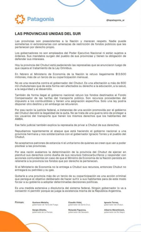 Vidal se suma a la defensa de los intereses y derechos de las provincias de la Patagonia