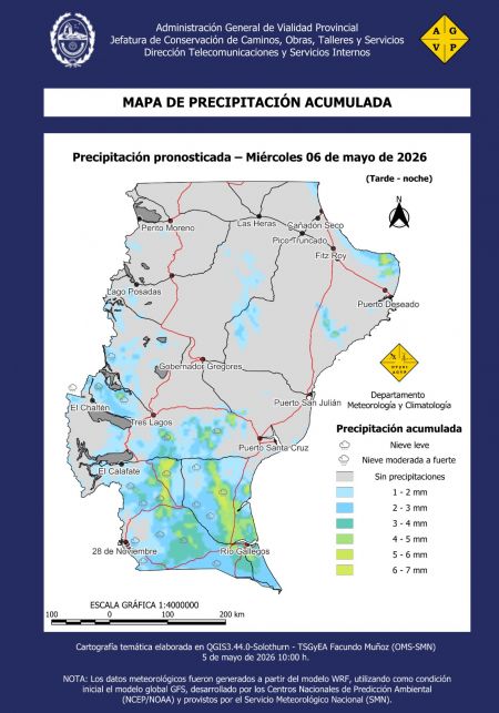 Miércoles 6 de mayo: Se intensifican las lluvias y habría nevadas de baja intensidad en Santa Cruz