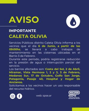 Comunicado sobre Interrupción de agua en Caleta Olivia