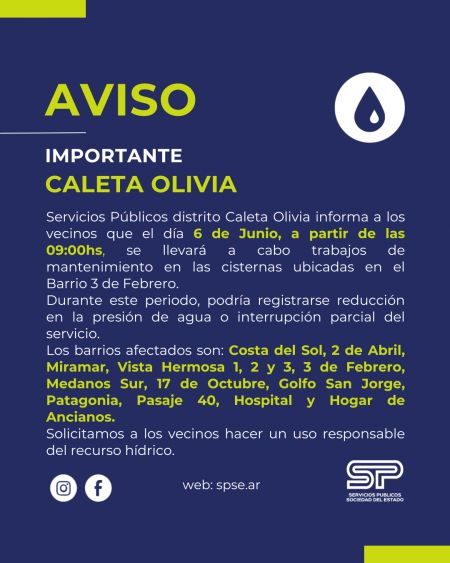 Comunicado sobre Interrupción de agua en Caleta Olivia