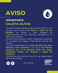 Comunicado sobre Interrupción de agua en Caleta Olivia