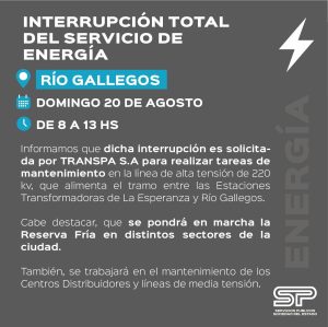 La empresa TRANSPA S.A. solicitó la programación de la interrupción del servicio de energía en Río Gallegos