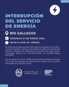 Río Gallegos: Interrupción programada del servicio eléctrico por tareas de mantenimiento de Transpa S.A.