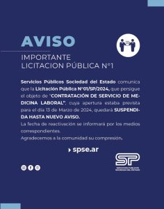 Servicios Públicos comunica suspensión momentánea de la Licitación Pública N°1
