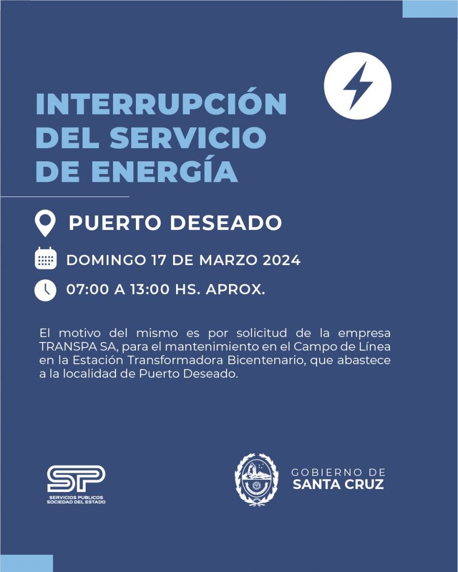 Servicios Públicos informa que realizará corte de energía en Puerto Deseado