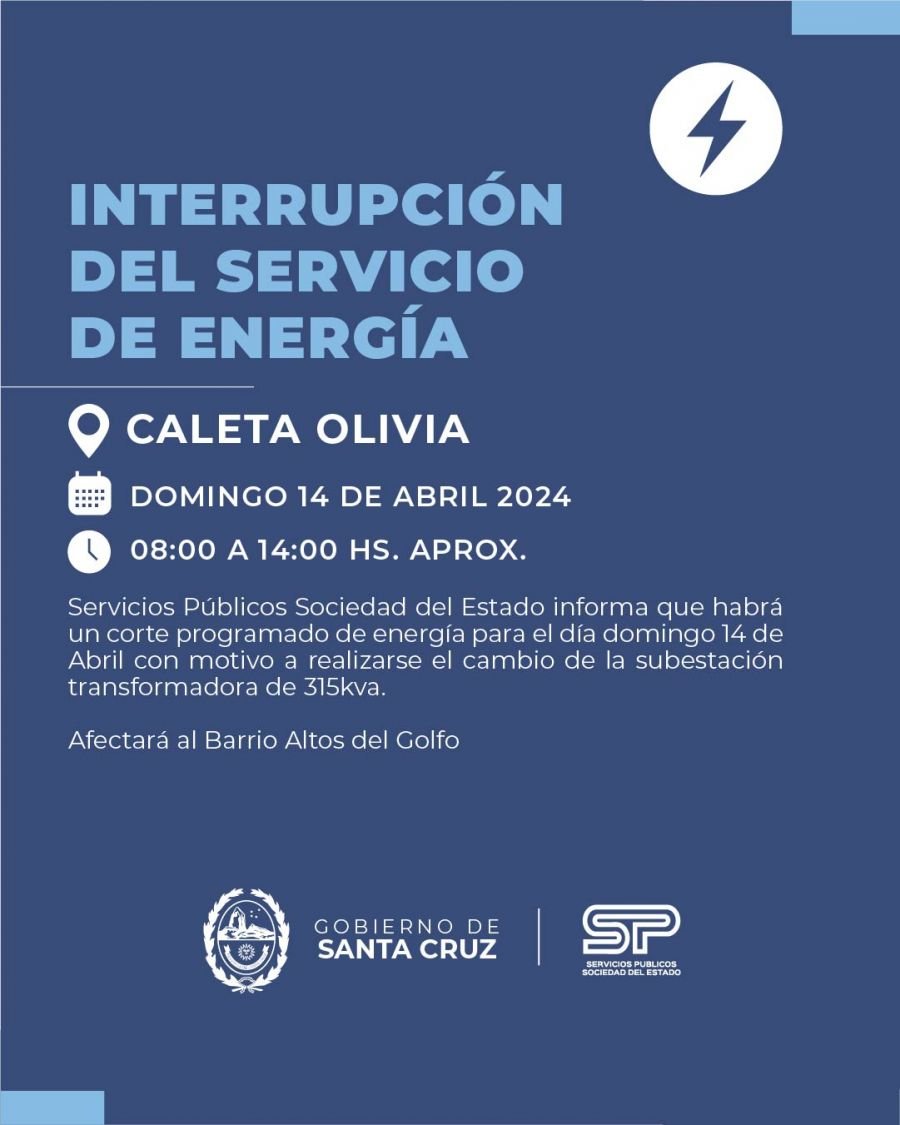 Servicios Públicos informa que realizará corte de energía en Caleta Olivia