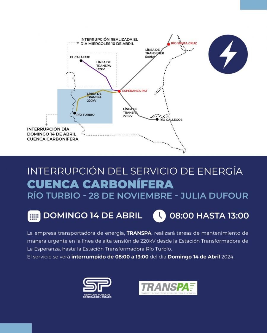 Servicios Públicos informa que realizará un corte de energía en la Cuenca Carbonífera
