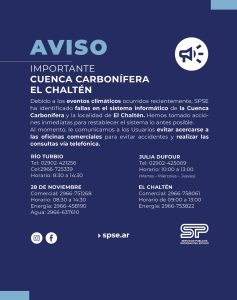 Comunicado: Servicios Públicos en la Cuenca Carbonífera y El Chaltén