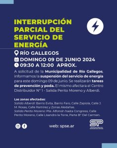 Servicios Públicos informó una interrupción de energía en Río Gallegos para el domingo