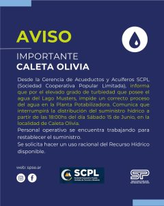 Se interrumpirá la distribución de agua en Caleta Olivia por 24 horas