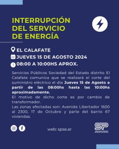 Servicios Públicos informa la interrupción del servicio de energía en El Calafate
