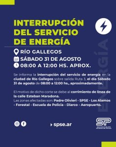 Servicios Públicos comunica una interrupción de energía en barrios de Río Gallegos
