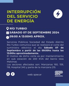 Servicios Públicos comunica corte de energía en Río Turbio