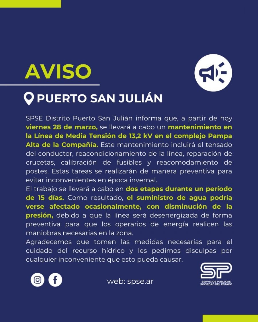 Realizan tareas de mantenimiento en línea de media tensión en Puerto San Julián
