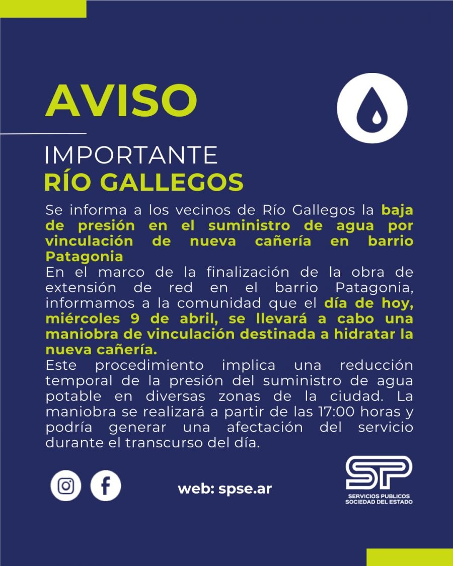 Vinculación de nueva cañería en barrio Patagonia ocasionará baja de presión en el suministro de agua