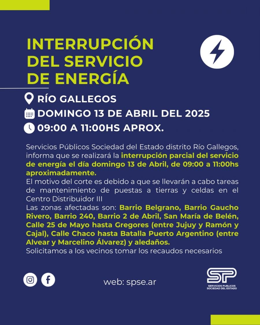 Interrupción parcial de energía eléctrica para Río Gallegos