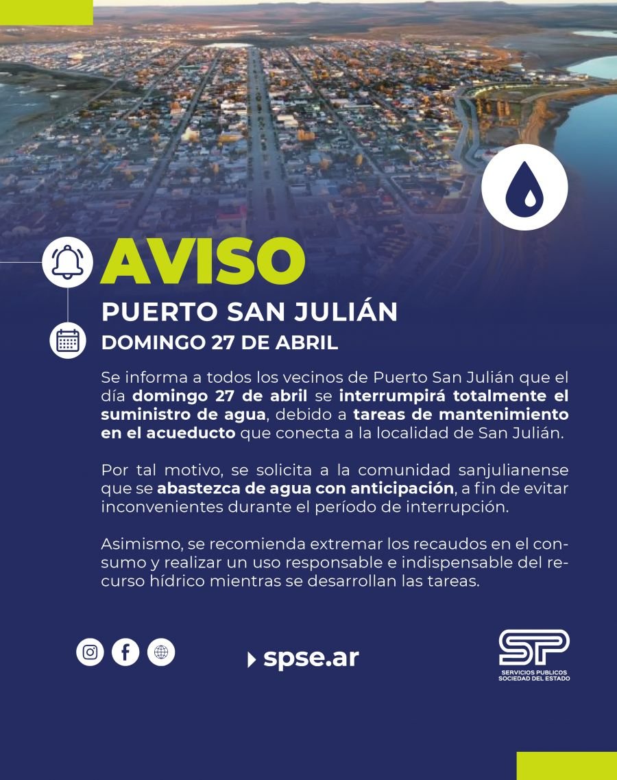 Comunicado de Servicios Públicos para Puerto San Julián
