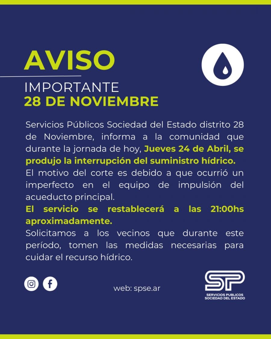Interrupción de agua en 28 de Noviembre