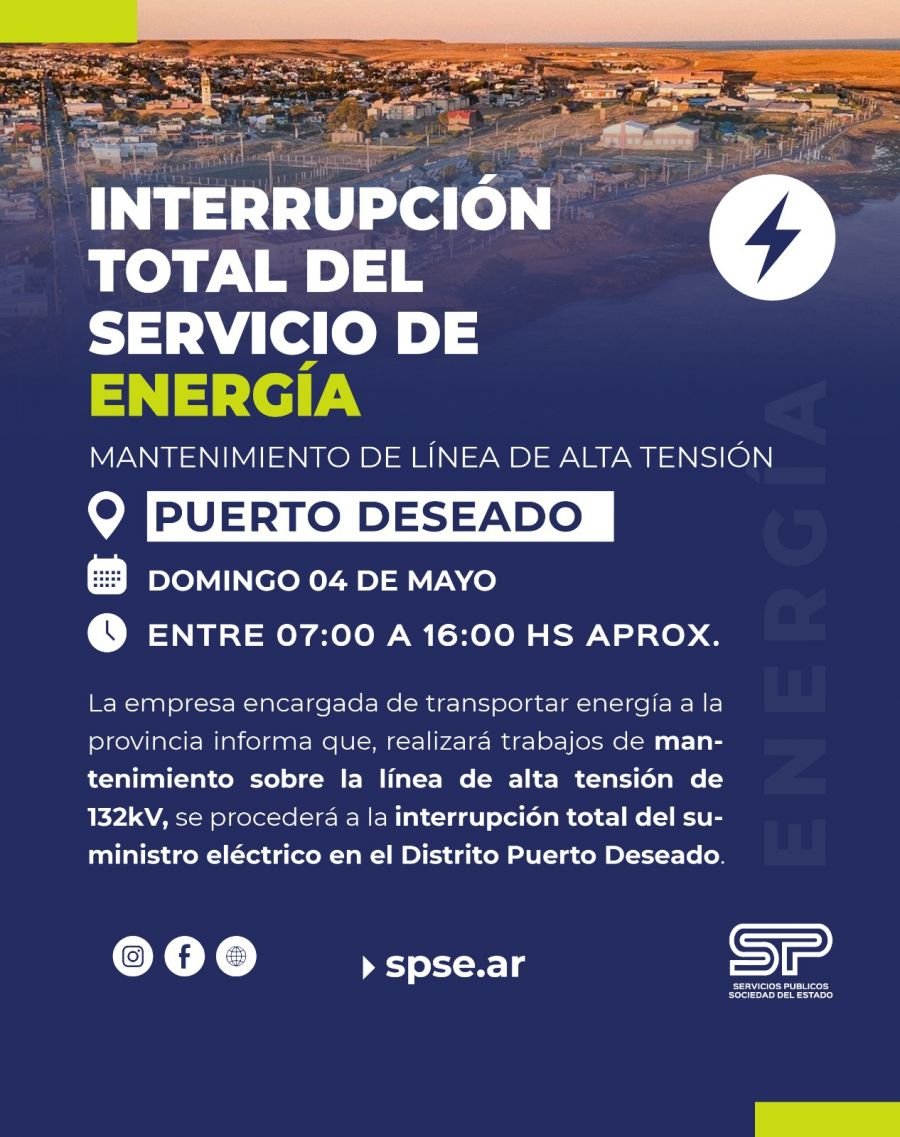 Servicios Públicos informa sobre corte de suministro eléctrico en Puerto Deseado