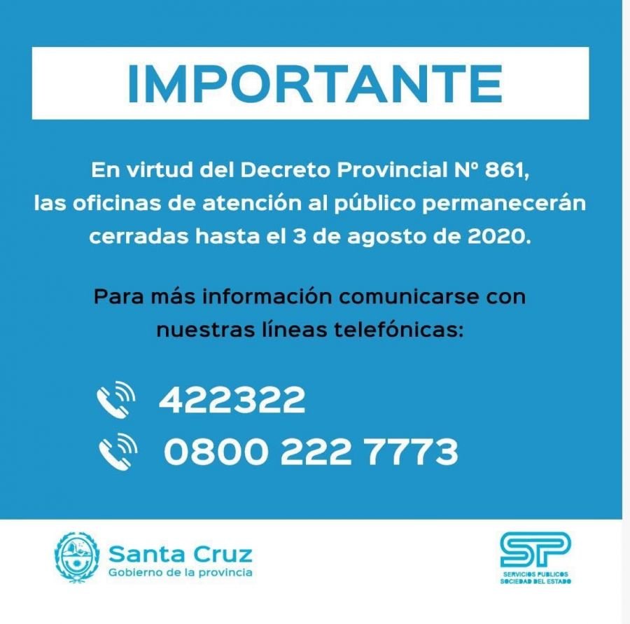 SPSE informa los horarios y modalidad de atención en Río Gallegos