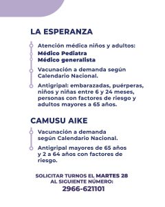Salud realizará un operativo sanitario en La Esperanza y Camusu Aike