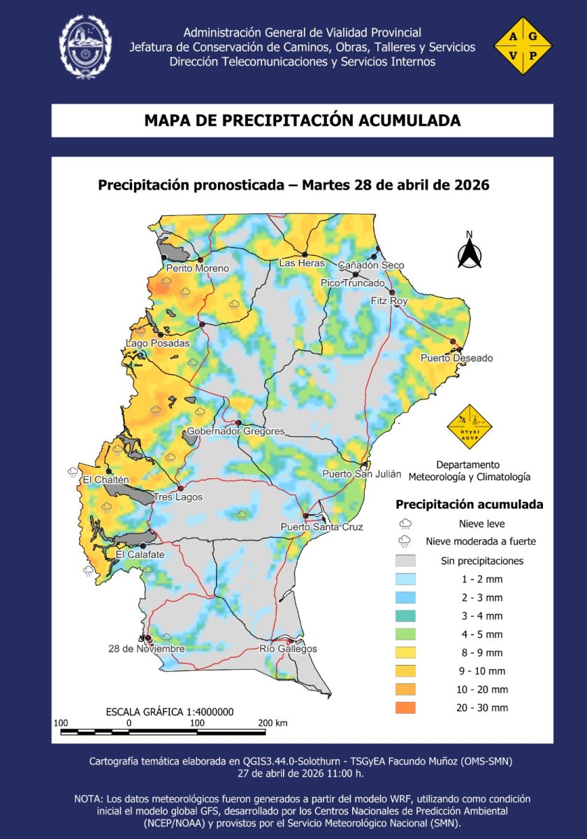 Martes 28 de abril: Se prevén precipitaciones para gran parte de la provincia de Santa Cruz