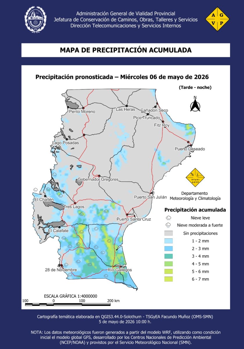 Miércoles 6 de mayo: Se intensifican las lluvias y habría nevadas de baja intensidad en Santa Cruz