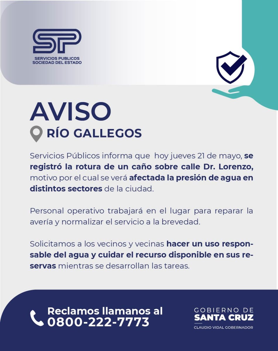 Servicios Públicos informa sobre la rotura de un caño y solicita cuidar el consumo de agua