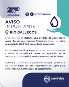 Río Gallegos: Servicios Públicos trabajará este martes para la reparación del caño de agua de Avenida Beccar