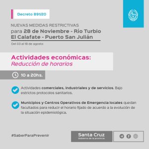 Decreto 891/20: Establece medidas para 28 de Noviembre, Río Turbio, El Calafate y Puerto San Julián
