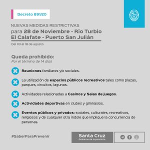 Decreto 891/20: Establece medidas para 28 de Noviembre, Río Turbio, El Calafate y Puerto San Julián