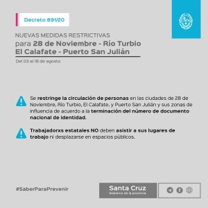 Decreto 891/20: Establece medidas para 28 de Noviembre, Río Turbio, El Calafate y Puerto San Julián