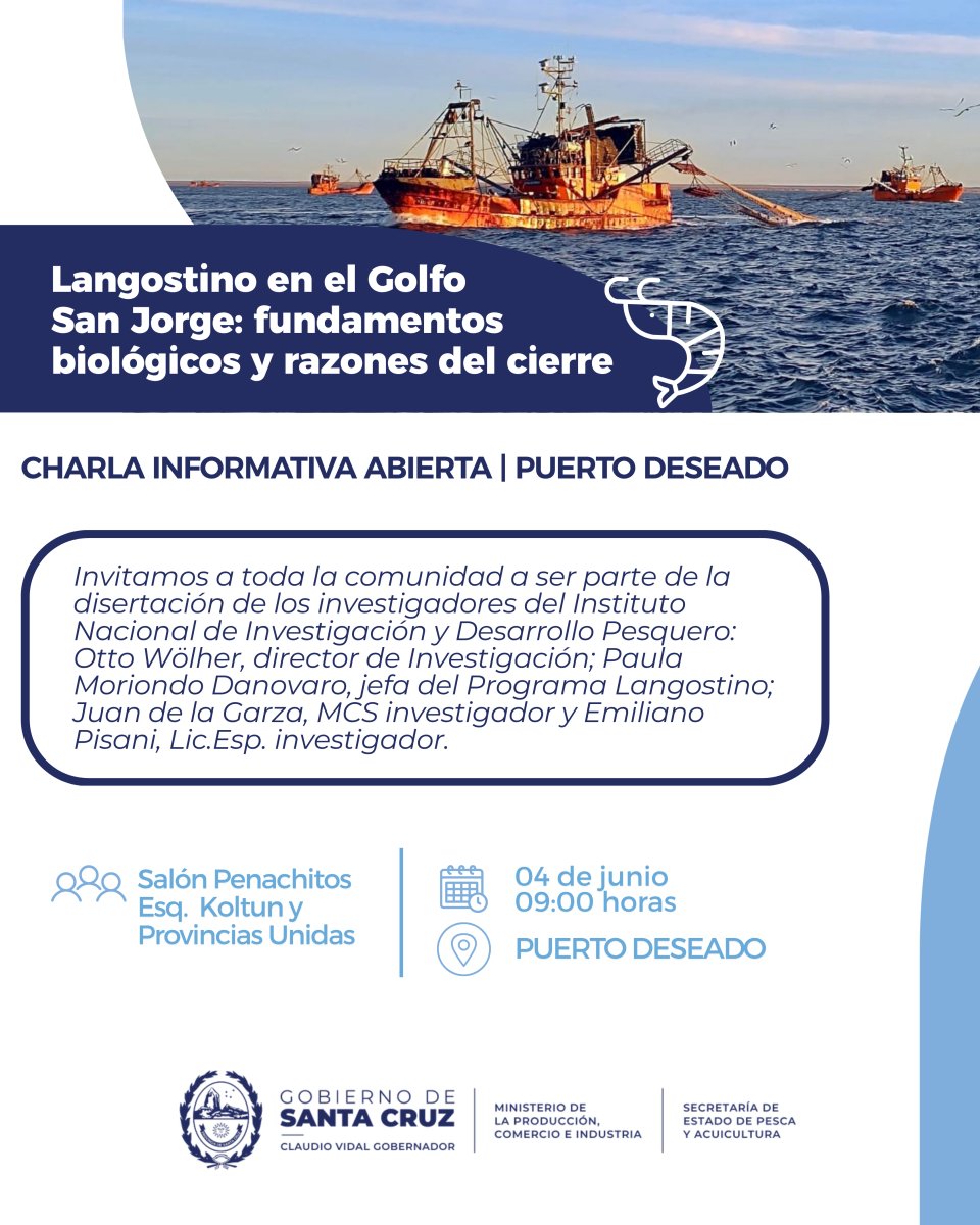 Puerto Deseado: Invitan a charla abierta sobre el langostino en el Golfo San Jorge con especialistas del INIDEP