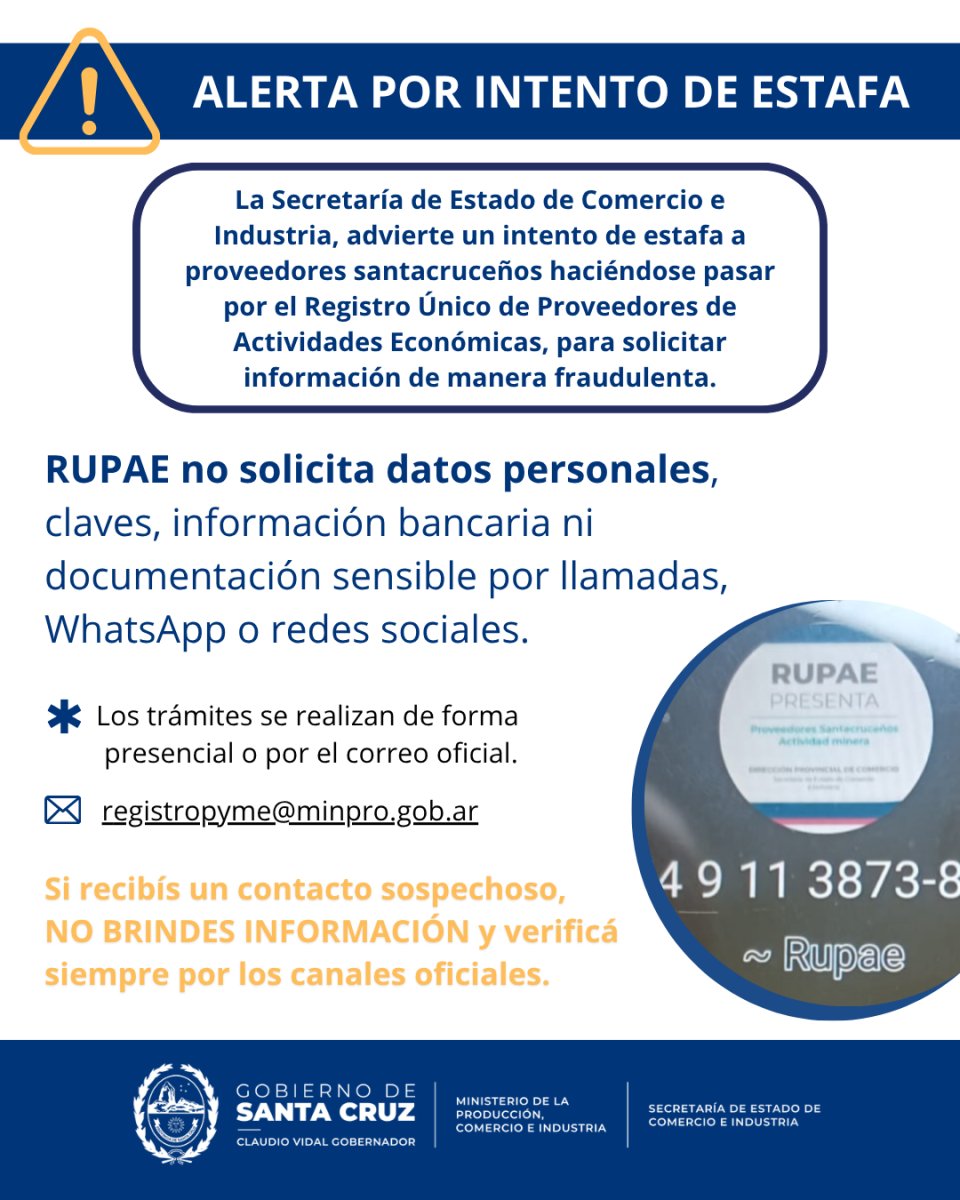 La Secretaría de Estado de Comercio e Industria advierte sobre un intento de estafa en nombre del RUPAE