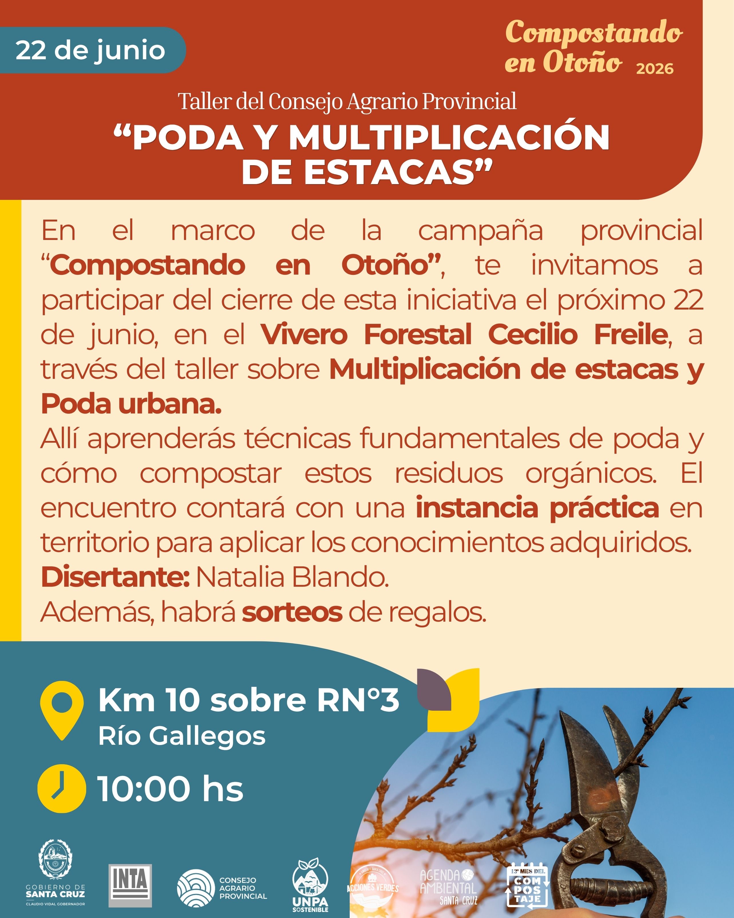 El Gobierno de Santa Cruz invita al taller "Poda y Multiplicación de Estacas" como cierre de la campaña provincial "Compostando en Otoño"