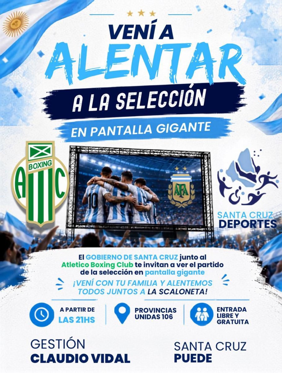 Esta noche, vení al Boxing Club de Río Gallegos para ver en pantalla gigante el debut de la Selección Argentina